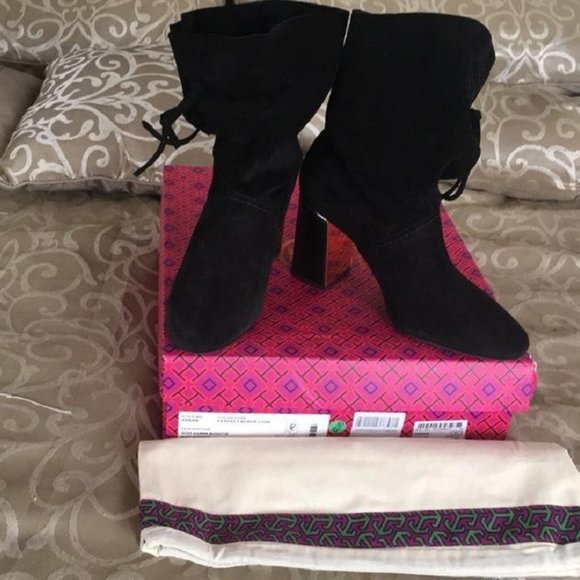 NWT Tory Burch®  Suede metal logo block heel bootie with tassel - Picture 9 of 11